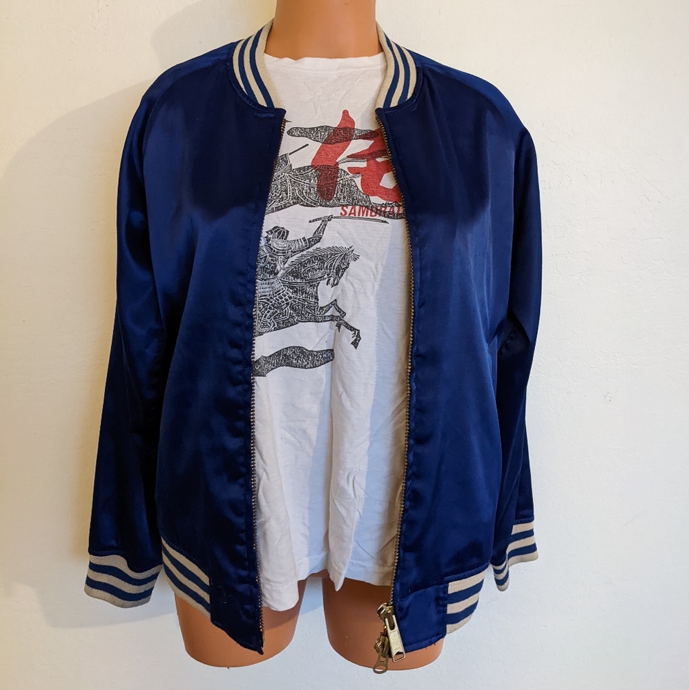 Royal blue satin reversible bomber jacket